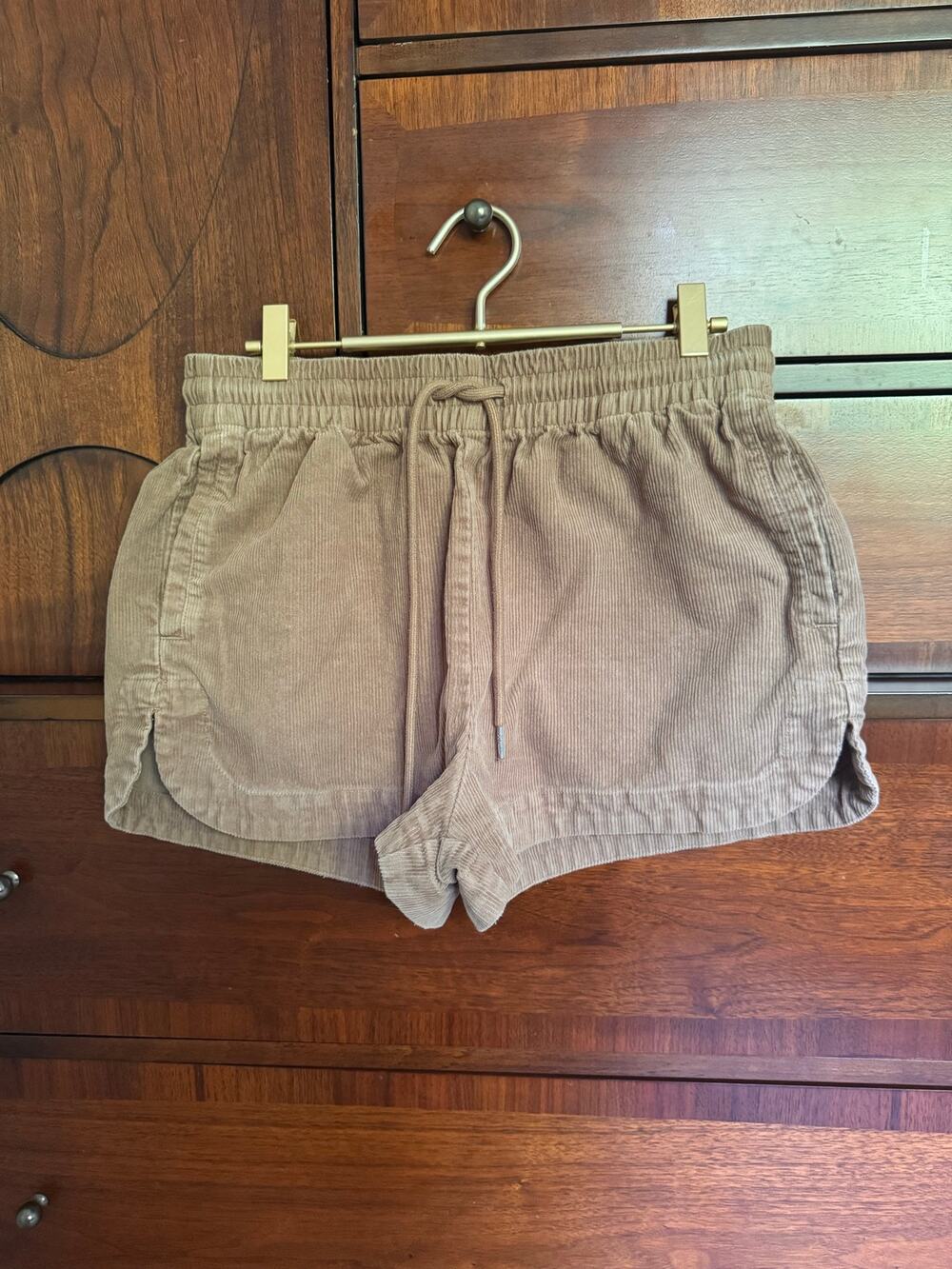 Rhythm Mazzy Corduroy Shorts Camel Taupe Tan Drawstring Scalloped Tulip Hem
